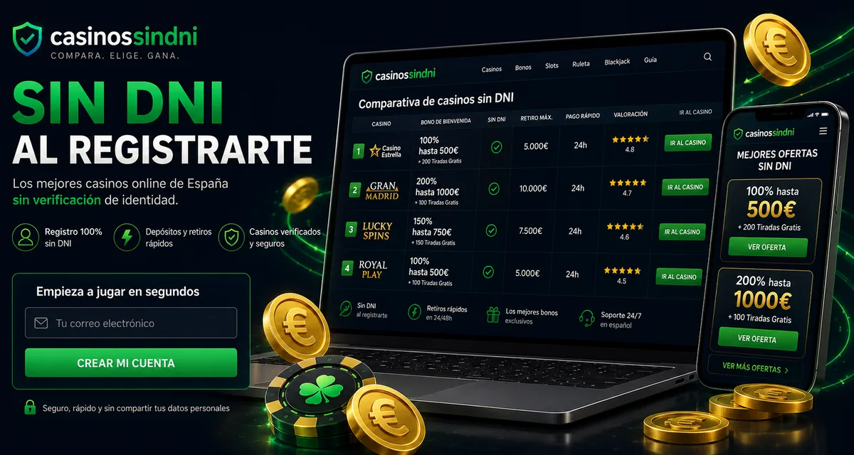 Comparativa de casinos sin DNI en un portátil y un móvil